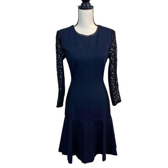 Rebecca Taylor Navy Lace Sleeve Fit and Flare Size XS Faux Leather Trim - Picture 1 of 10